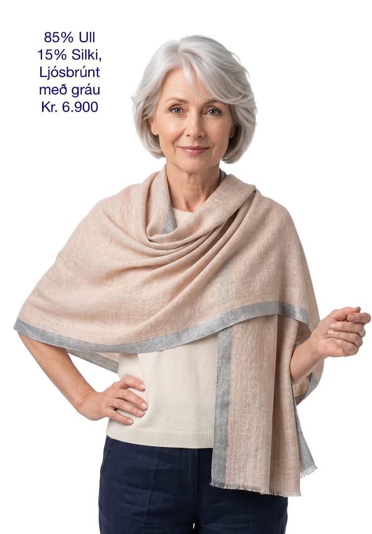 Létt fyrir sumarfríið, 85% Fínull / 15% Silki, 70x200cm, ljósbrúnt með gráum kanti