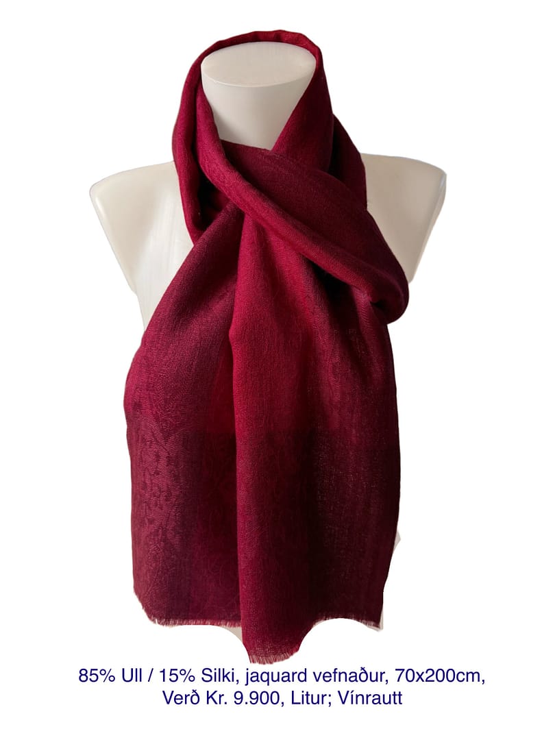 85% Ull / 15% Silki, 70x200cm, Jacquard vefnaður með rönd, vínrautt