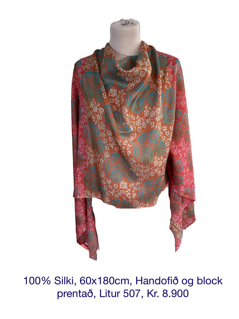 100% Silki, 60x180cm, Handofið og block prentað, Litur 507